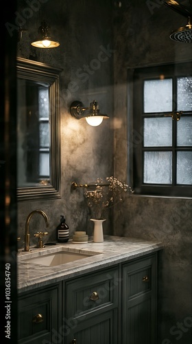 A beautifully designed cottagecore bathroom in Chiangmai, with greige cabinets, brass accents, and marble tiles, set against the moody backdrop of a rainy evening, the soft glow enhancing the photo