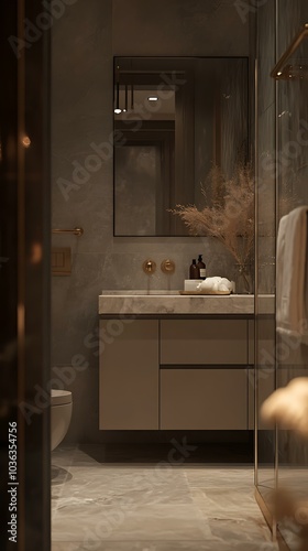 A beautifully designed cottagecore bathroom in Chiangmai, with greige cabinets, brass accents, and marble tiles, set against the moody backdrop of a rainy evening, the soft glow enhancing the