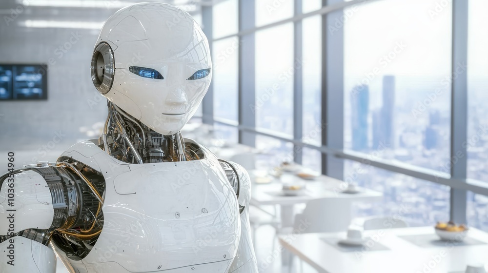 Futuristic robot in modern office setting Futuristic robot in modern office setting