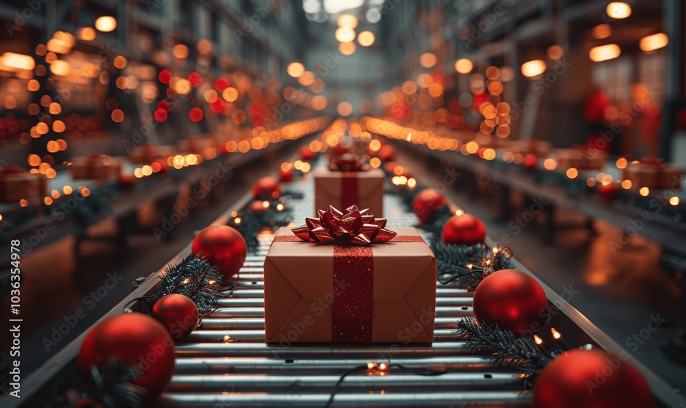 Festive Christmas Gift Boxes on Conveyor Belt in Warm Light Warehouse Festive Christmas Gift Boxes on Conveyor Belt in Warm Light Warehouse