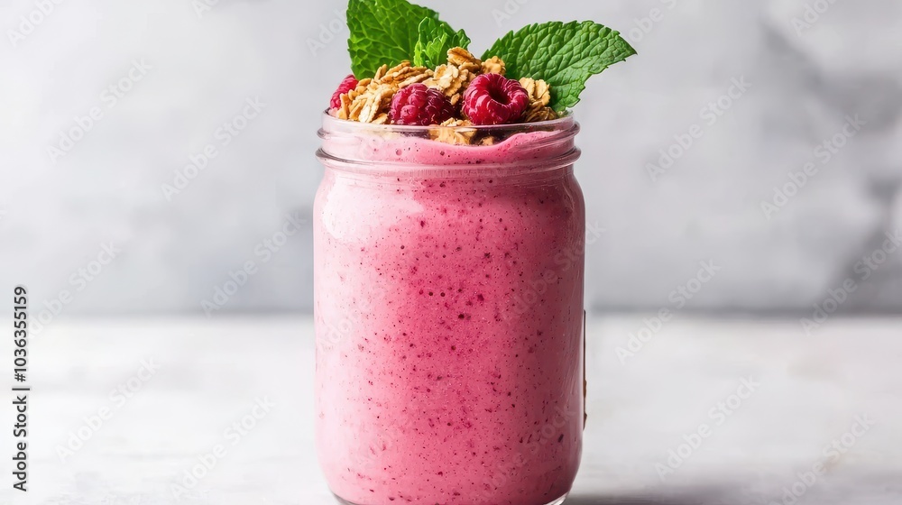 A refreshing pink smoothie topped with granola and mint, served in a jar, ideal for a healthy snack or breakfast option. A refreshing pink smoothie topped with granola and mint, served in a jar, ideal for a healthy snack or breakfast option.