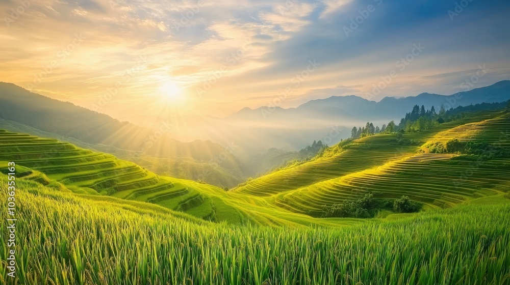 Obraz premium High panoramic view of beautiful green rice paddy fields in Asia