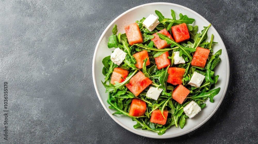A fresh salad composed of arugula, watermelon, and feta cheese, arranged on a round white plate against a dark background. A fresh salad composed of arugula, watermelon, and feta cheese, arranged on a round white plate against a dark background.