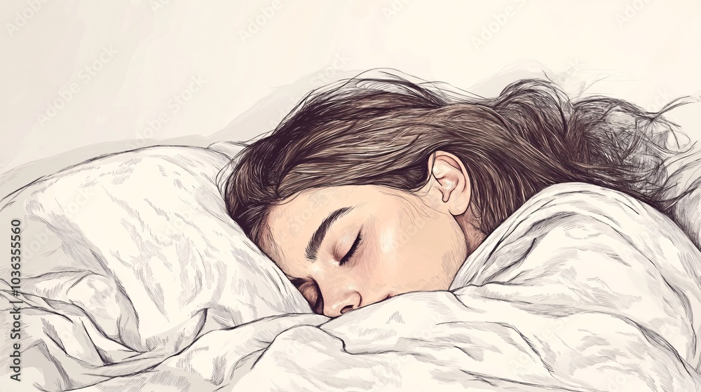 2408 61.A peaceful hand-drawn illustration of a woman lying in bed, her head resting comfortably on a fluffy, white pillow. Her face is calm, eyes closed in a relaxed expression, as the soft folds of 2408 61.A peaceful hand-drawn illustration of a woman lying in bed, her head resting comfortably on a fluffy, white pillow. Her face is calm, eyes closed in a relaxed expression, as the soft folds of