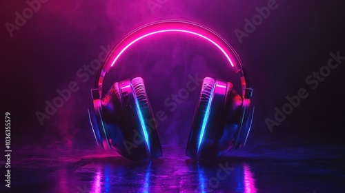 Neon glowing headphones on a dark background with electro house music vibes, AI generated image