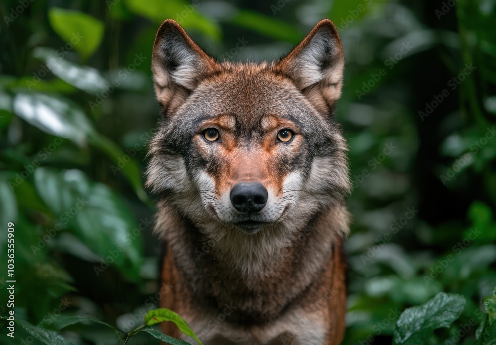 close-up portrait of a wolf in the forest close-up portrait of a wolf in the forest