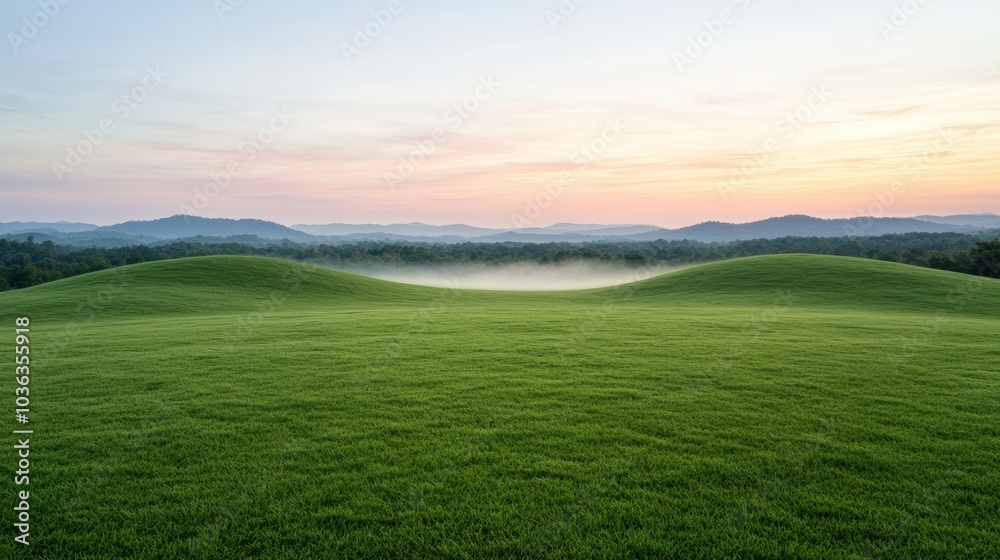 Fototapeta premium Scenic countryside landscape with rolling hills and misty mountains