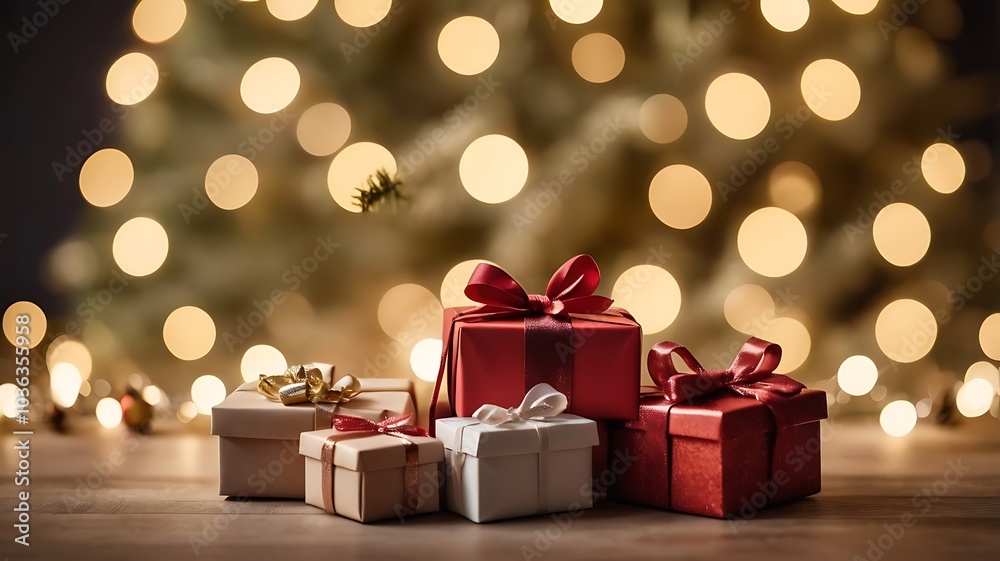 Fototapeta premium Beautifully Wrapped Bunch of Gifts for Christmas, Birthday, and Holiday Celebrations