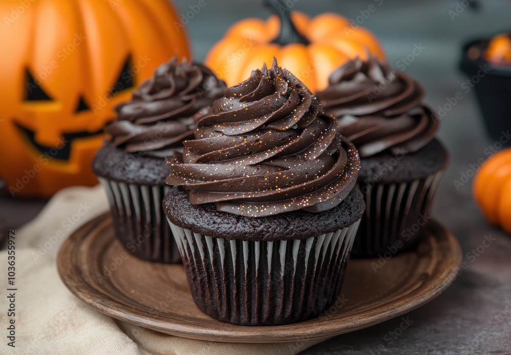Spooky Halloween chocolate cupcakes with pumpkins Spooky Halloween chocolate cupcakes with pumpkins