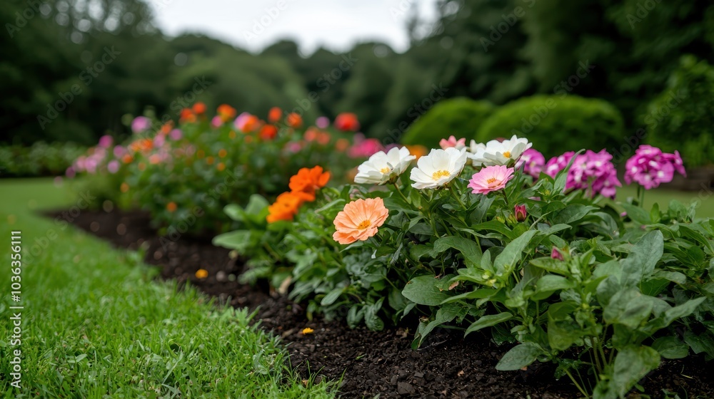 Obraz premium Vibrant flower garden in a lush green landscape
