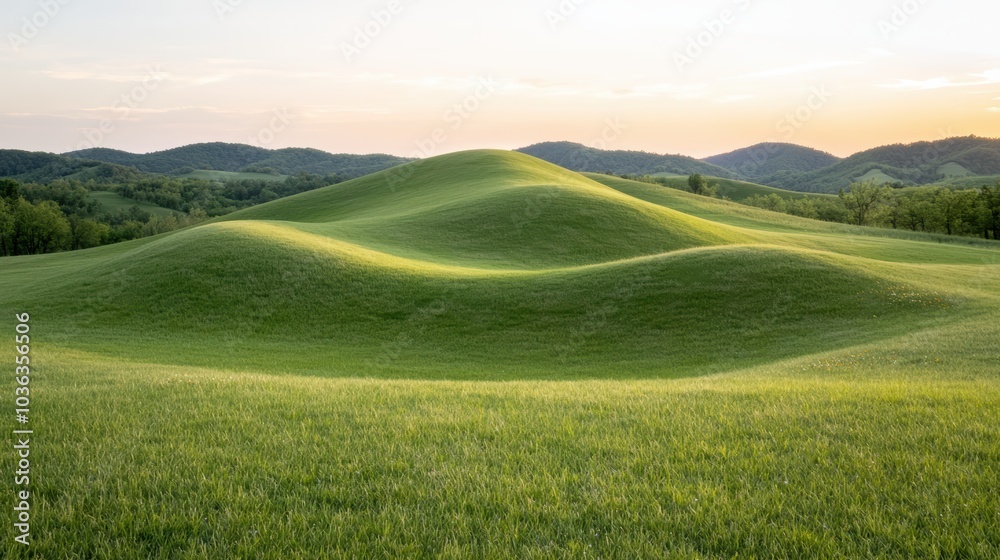Picturesque rolling hills and lush green meadows at sunset Picturesque rolling hills and lush green meadows at sunset