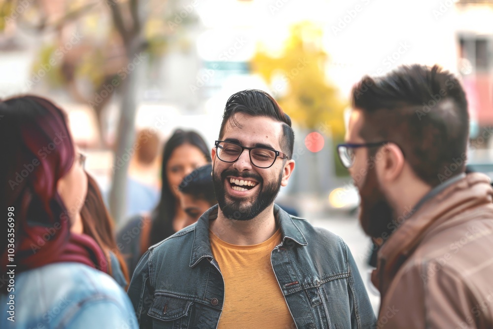 Group of friends talking and laughing together in the street. Group of young people having fun together. Group of friends talking and laughing together in the street. Group of young people having fun together.