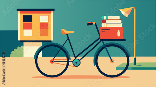 On a sunny street corner a mini book exchange box is attached to a bicycle allowing for the books inside to travel around the neighborhood while the owner pedals by.. Vector illustration
