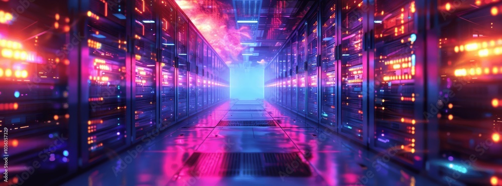 High Performance Data Center with Server Racks in Dark Room Featuring Purple, Blue, and Orange Light Effects High Performance Data Center with Server Racks in Dark Room Featuring Purple, Blue, and Orange Light Effects