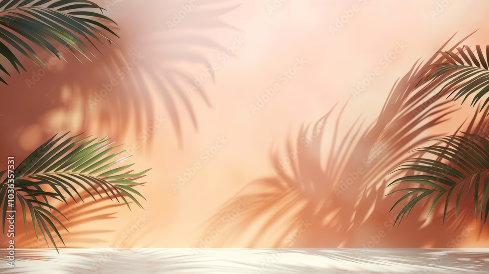 Summer Tropical Palm Shadows on Peach Wall for Minimalistic Product Display Summer Tropical Palm Shadows on Peach Wall for Minimalistic Product Display