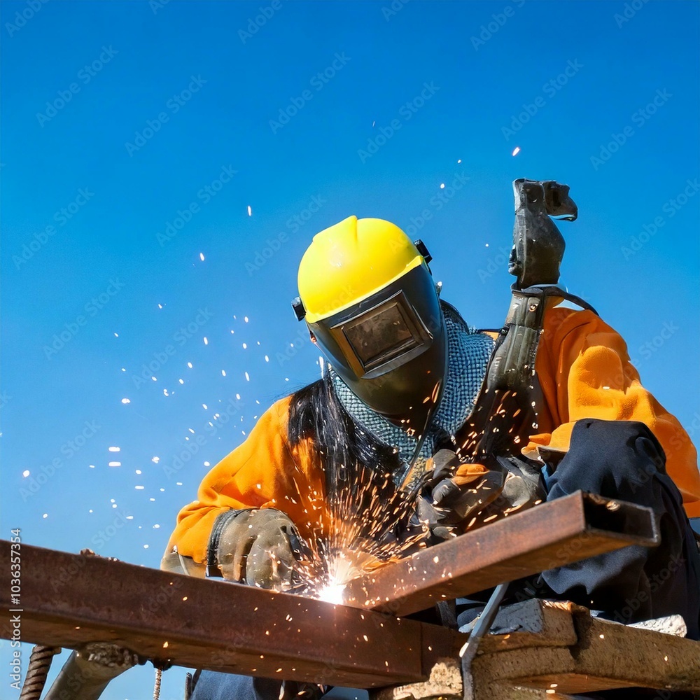 Fototapeta premium A construction crew welding steel beams against a clear blue sky.