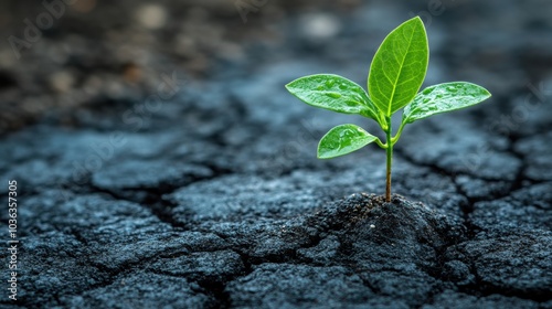 Plant seedling growing through cracks in the asphalt, representing sustainability and hope