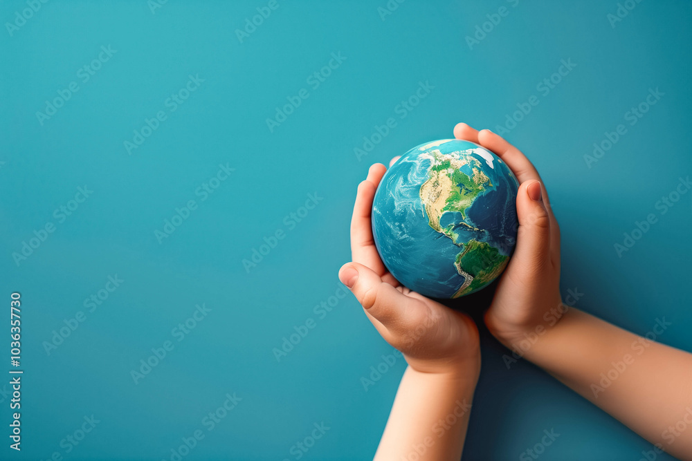 Earth globe planet in kid's tender hands against blue background with copy space. World environment day, Earth world protection concept. Earth globe planet in kid's tender hands against blue background with copy space. World environment day, Earth world protection concept.