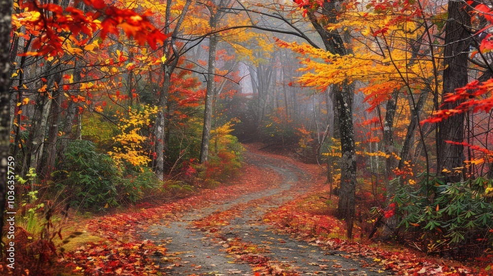 Naklejka premium Autumnal Forest Path with Mist