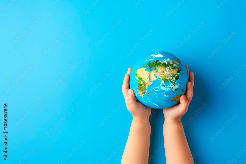 Earth globe planet in kid's tender hands against blue background with copy space. World environment day, Earth world protection concept. Earth globe planet in kid's tender hands against blue background with copy space. World environment day, Earth world protection concept.