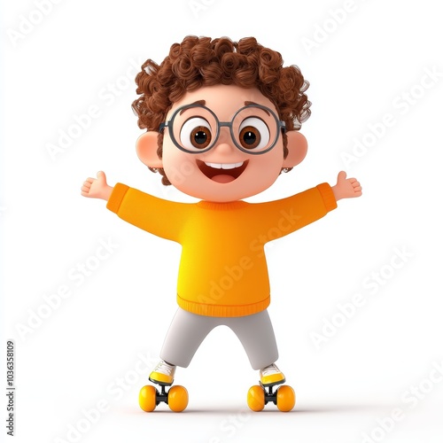 Happy Cartoon Boy Roller Skating with Glasses and Curly Hair
