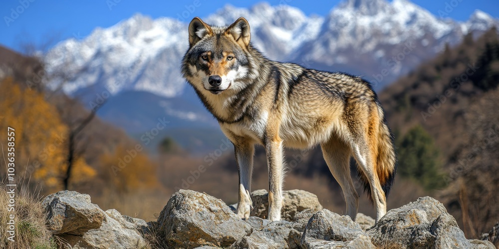 Majestic Wolf in Mountain Landscape with Snow-Capped Peaks, Standing on Rocks, Captures Wild Beauty and Natural Habitat, Autumn Wilderness Scenery Majestic Wolf in Mountain Landscape with Snow-Capped Peaks, Standing on Rocks, Captures Wild Beauty and Natural Habitat, Autumn Wilderness Scenery