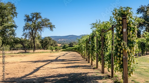 Hop Bine Trellis: Rows of hop bines climbing wooden trellises. The promise of future IPAs hangs in the air.  photo