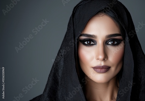 Mysterious woman in black hooded cloak