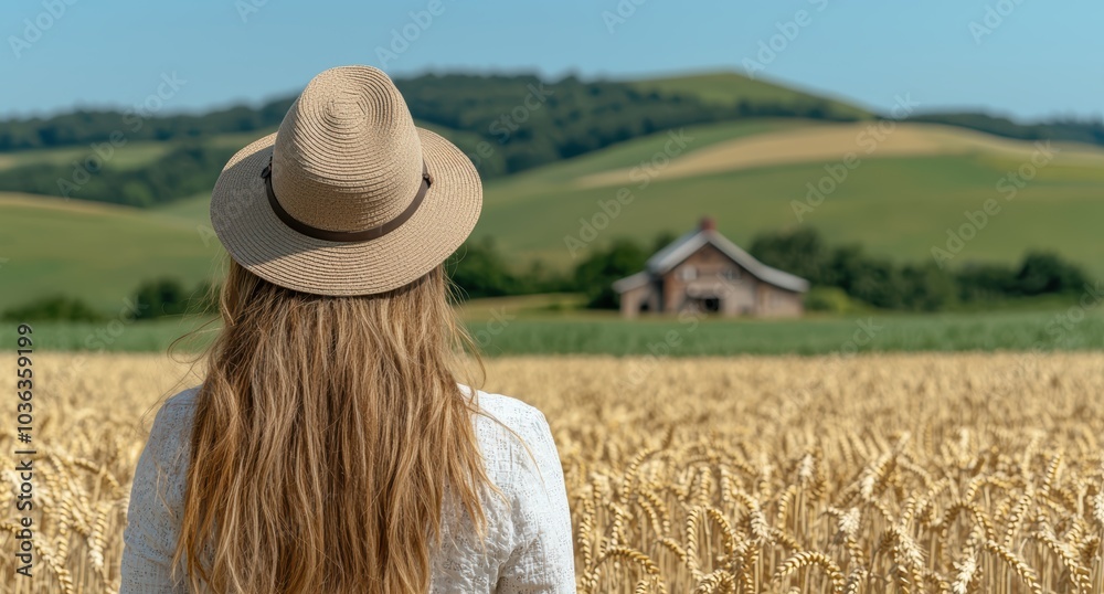 Obraz premium woman in straw hat standing in wheat field with barn in background