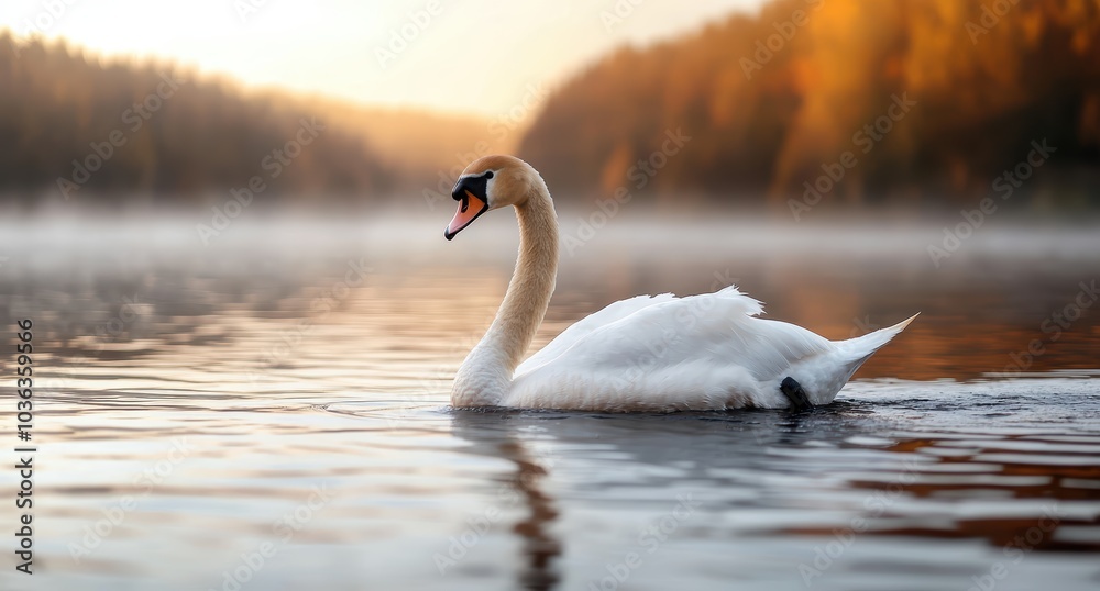 Fototapeta premium Serene swan on tranquil lake at sunset