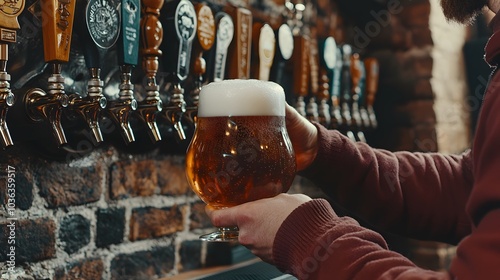 Lager Pouring: A bartender tilting a tap handle, filling a glass with lager. The liquid flows smoothly, creating a perfect head of foam. 