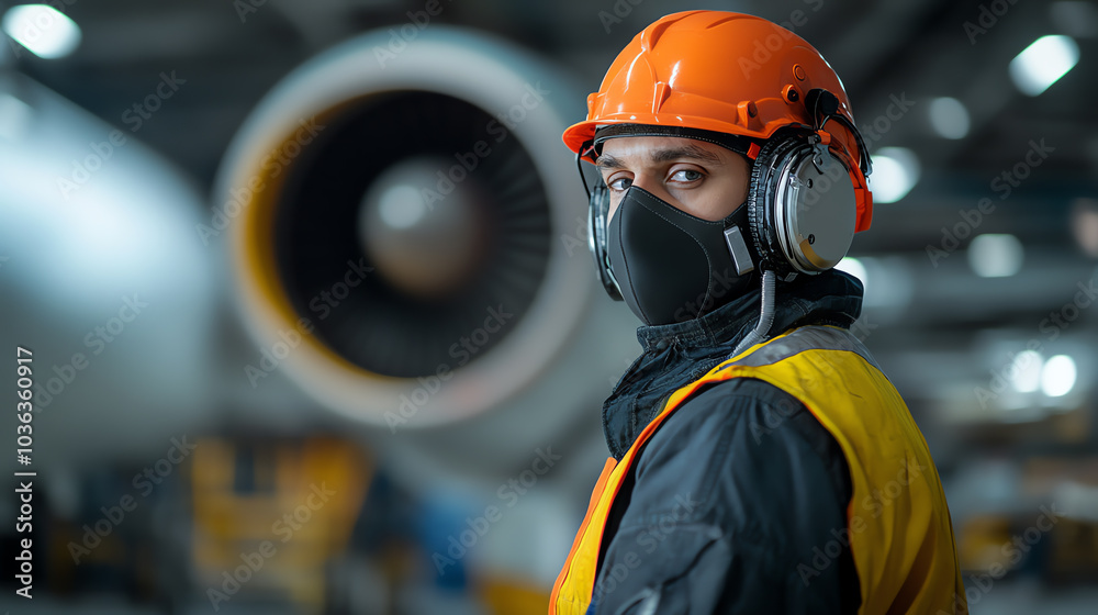 A diligent worker in an orange helmet and protective gear stands confidently in an aircraft maintenance facility, showcasing safety and professionalism. A diligent worker in an orange helmet and protective gear stands confidently in an aircraft maintenance facility, showcasing safety and professionalism.