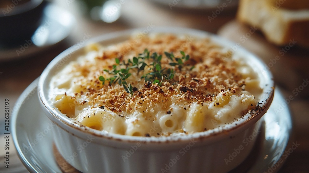 Close-up of a creamy macaroni and cheese dish topped with a crispy breadcrumb crust and a sprig of thyme, served in a white ramekin on a wooden table. Close-up of a creamy macaroni and cheese dish topped with a crispy breadcrumb crust and a sprig of thyme, served in a white ramekin on a wooden table.
