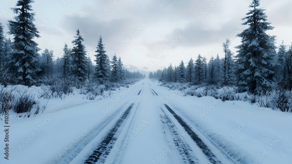 Winding Snow Covered Country Road Through Lush Forested Landscape on an Overcast Winter Day Winding Snow Covered Country Road Through Lush Forested Landscape on an Overcast Winter Day