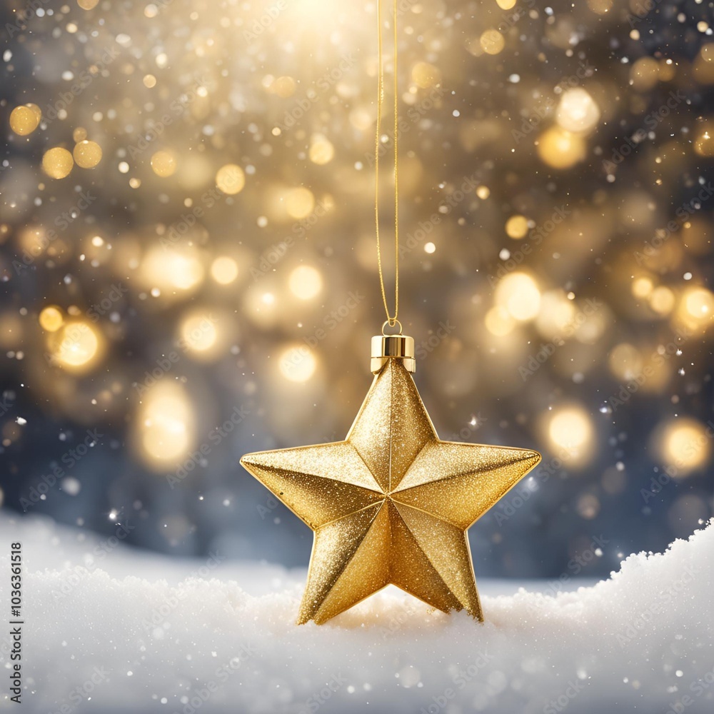 Golden star Christmas tree ornament in snow with bokeh lights, ultra-realistic winter holiday decoration banner
Golden star Christmas tree ornament in snow with bokeh lights, ultra-realistic winter holiday decoration banner
