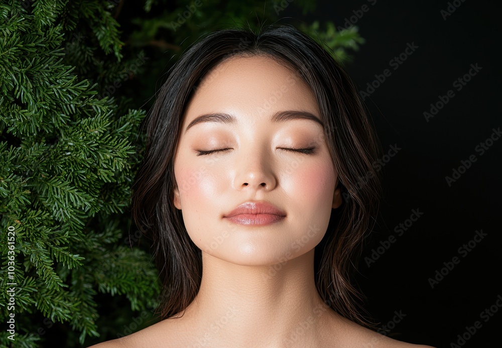 Peaceful woman with closed eyes surrounded by nature Peaceful woman with closed eyes surrounded by nature