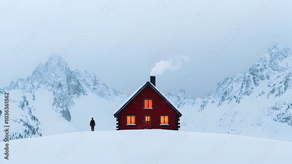 Cozy Mountain Cabin in Snowy Wilderness with Warm Glow from Fireplace Cozy Mountain Cabin in Snowy Wilderness with Warm Glow from Fireplace