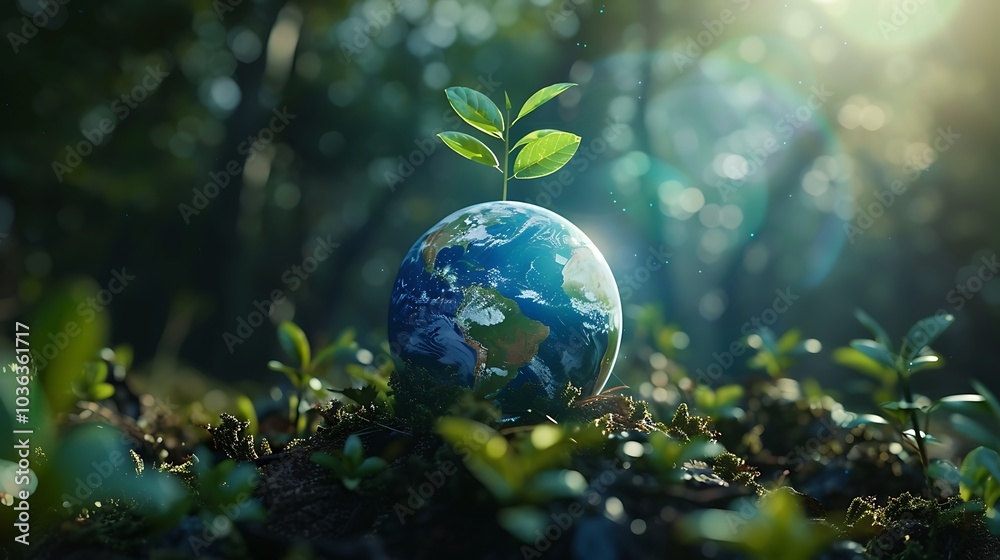 A small plant grows from a globe, symbolizing environmental sustainability and hope for the planet.