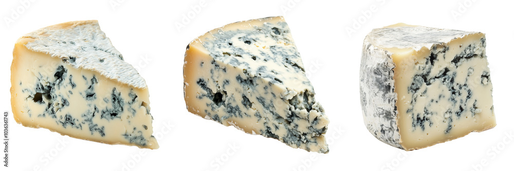 A detailed close-up of blue cheese, isolated on a transparent background, showcasing its marbled blue veins and crumbly texture A detailed close-up of blue cheese, isolated on a transparent background, showcasing its marbled blue veins and crumbly texture