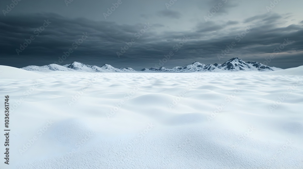 Fototapeta premium Dramatic Snowstorm Over Frozen Tundra Landscape Under Gloomy Grey Sky