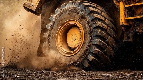 Close-up of a large truck tire kicking up dirt and dust.