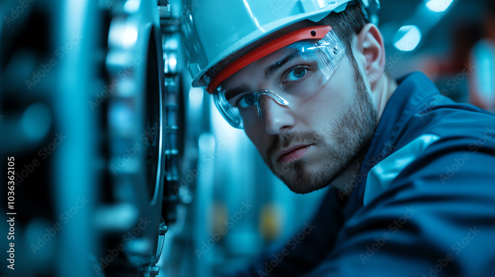 A male engineer wearing protective gear, focused on machinery in a dimly lit industrial setting, showcasing commitment and expertise. A male engineer wearing protective gear, focused on machinery in a dimly lit industrial setting, showcasing commitment and expertise.