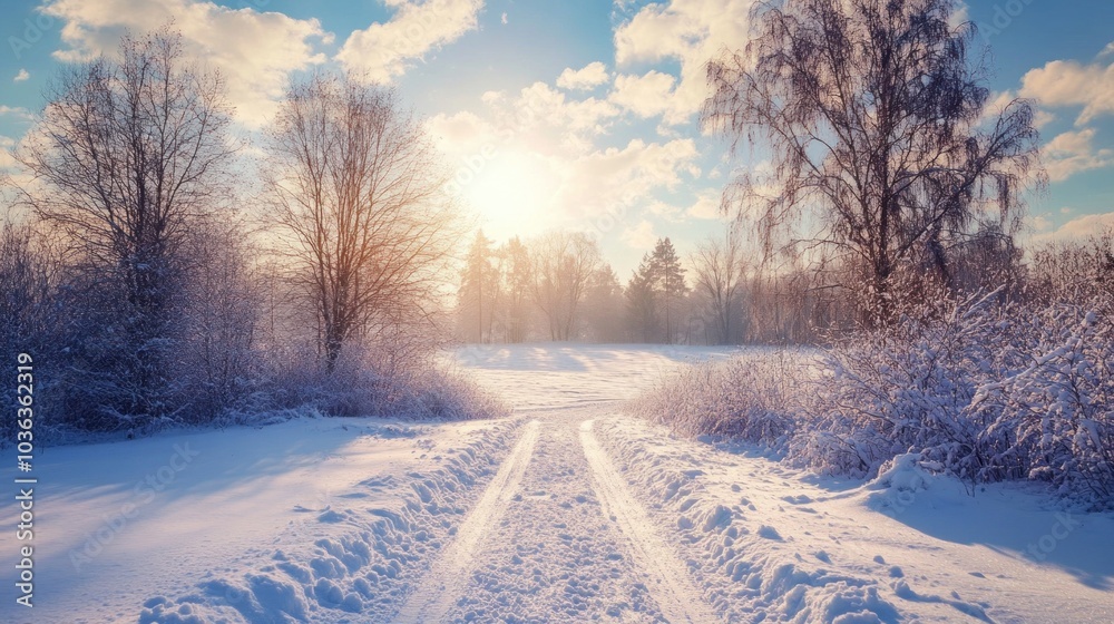 Obraz premium A serene winter landscape with snow-covered paths and trees under a bright sky.