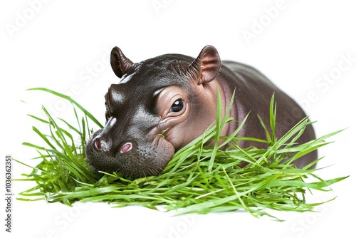 A pygmy hippo munching on fresh grass, with its ears flopping cutely as it chews. The scene captures the innocence of this creature, emphasizing its playful nature. photo