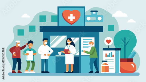 Local health clinics offer free health screenings such as pressure checks cholesterol tests and BMI calculations.. Vector illustration