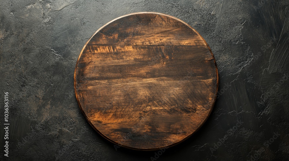 Rustic wooden round cutting board on dark stone background. Rustic wooden round cutting board on dark stone background.