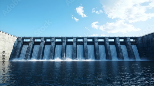 Majestic Hydroelectric Dam with Surging Currents Amid Cool Blue Tones