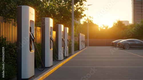 Sleek Electric Car Charging Station in a Modern Cityscape with Soft Sunlight and Green Energy Revolution photo