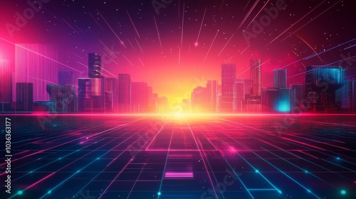 Futuristic Cyberpunk Cityscape with Neon Lights and Digital Grid