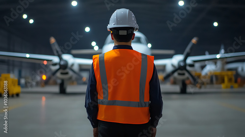 A worker in a safety vest and helmet stands in an aircraft hangar, observing an airplane ready for maintenance and inspection.